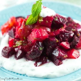 Roasted Beet Salad With Mint Yogurt - Delicious roasted beets tossed in a mustard balsamic vinaigrette and served with mint yogurt. Simple yet elegant salad